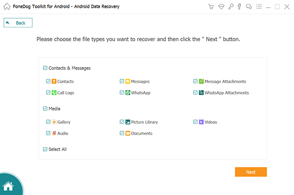 Sélectionnez le type de fichier à récupérer à partir du téléphone LG