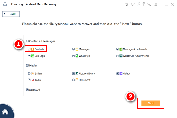 Utilisation de FoneDog Android Data Recovery pour la récupération de contacts supprimés - Choisissez les types de fichiers