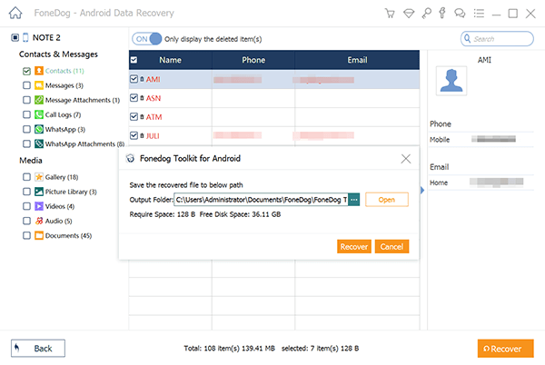 Utilisation de FoneDog Android Data Recovery pour la récupération de contacts supprimés - Récupérer