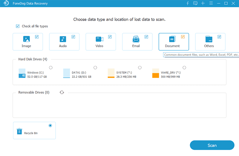 Récupérer la version précédente du fichier Excel : outil de récupération de données FoneDog - Choisir un document