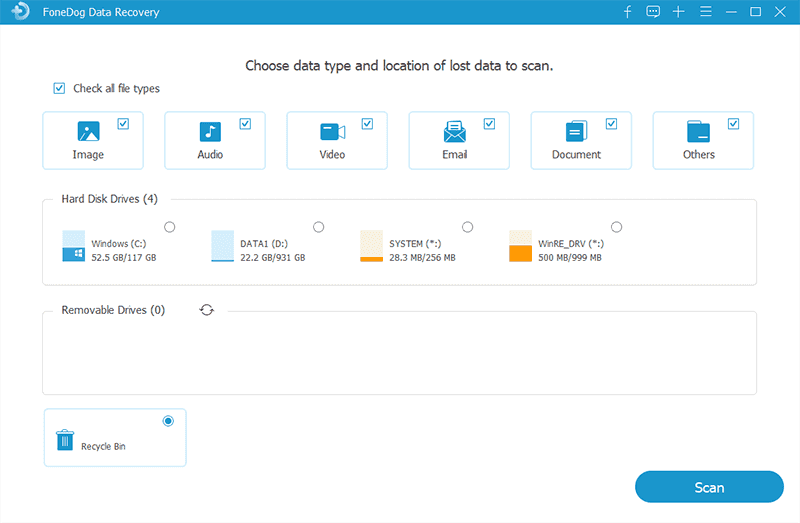 Choisissez le type de données et l'emplacement de stockage pour récupérer le fichier Zip supprimé à l'aide de FoneDog Data Recovery