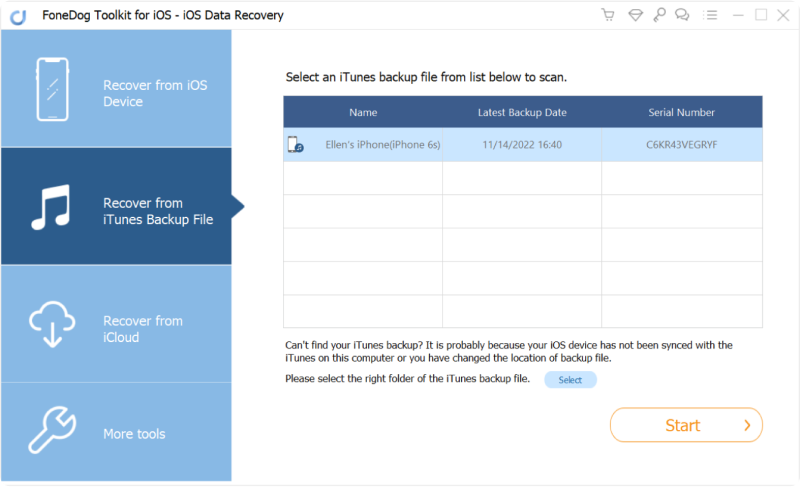 Lancez FoneDog Toolkit - Récupération de données iOS et sélectionnez Récupérer à partir d'iTunes