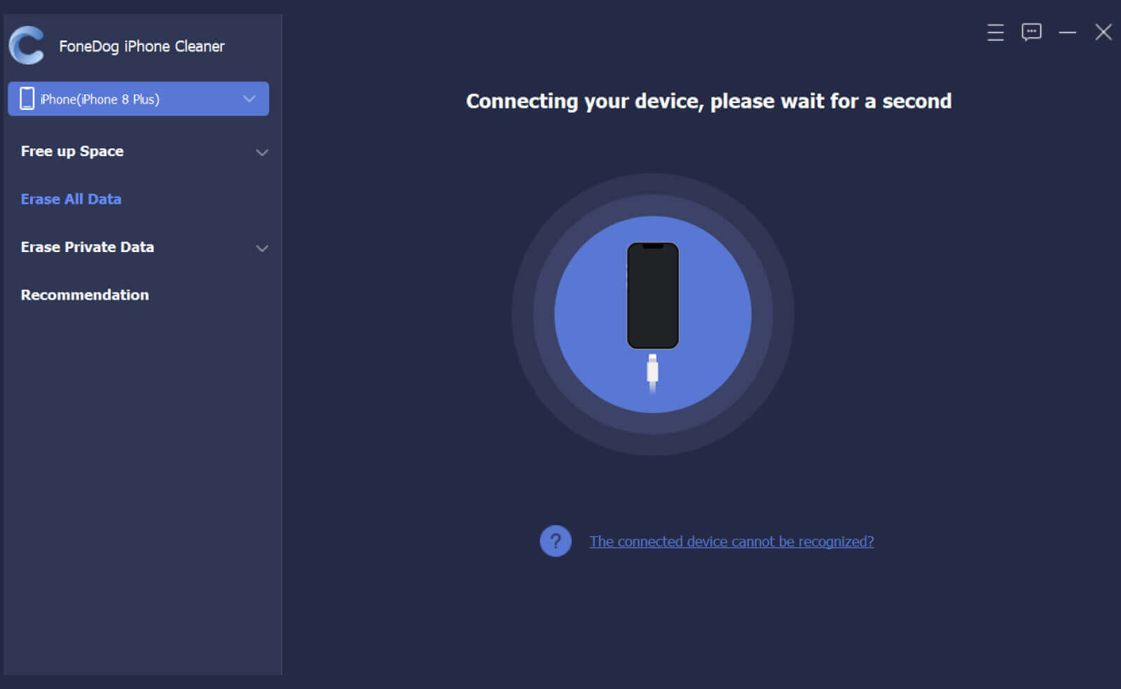 Lancez FoneDog iPhone Cleaner et connectez l'iPhone pour supprimer définitivement les données d'iCloud