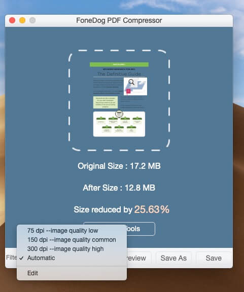 Option de filtrage de l'application PDF Compressor