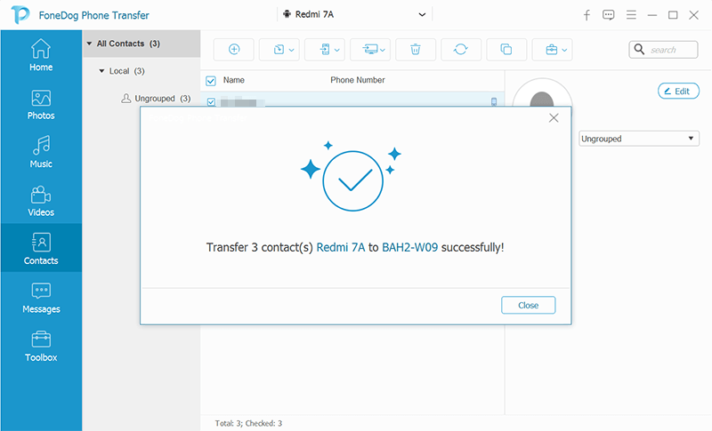 Transférer des contacts d'un téléphone à un autre à l'aide de FoneDog Phone Transfer - Réussite du transfert de contacts