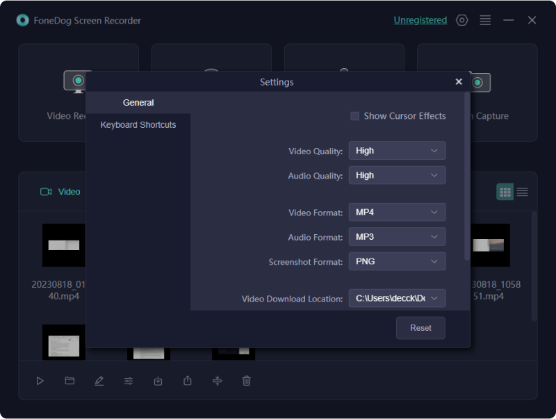 Enregistrement d'écran Snapchat - Enregistreur d'écran FoneDog : paramètres généraux