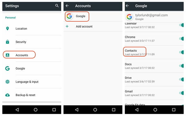 Sauvegarde Restaurer les contacts à partir d'un compte Google