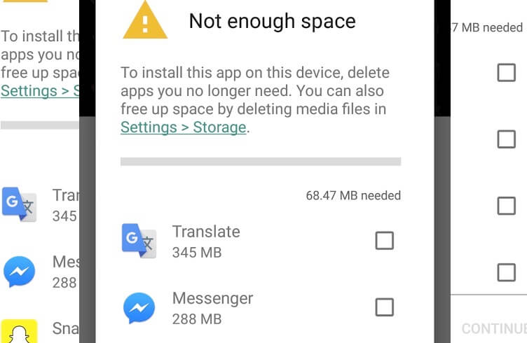 Correction d'erreurs Google Play Erreur 927 assez d'espace