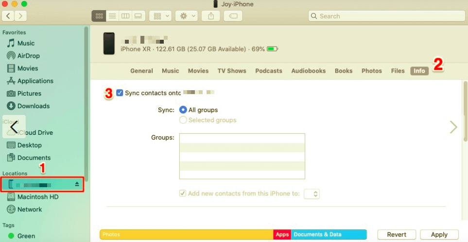 Synchronisation des contacts iPhone vers Mac avec le Finder