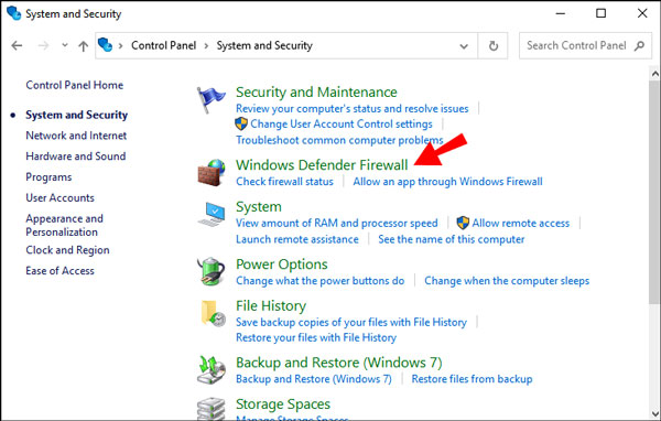 Choisissez le pare-feu Windows Defender