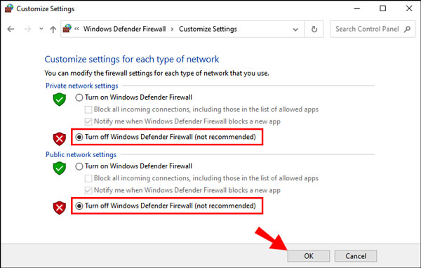 Cochez Désactiver le pare-feu Windows Defender