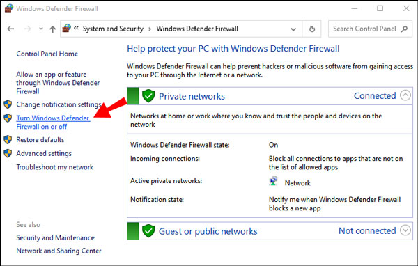Cliquez sur Activer ou désactiver le pare-feu Windows Defender