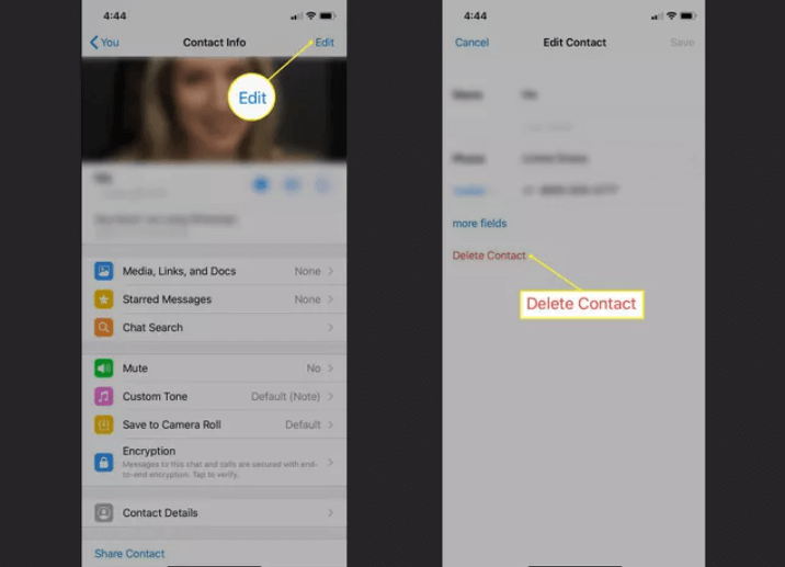 Appuyez sur Supprimer le contact pour supprimer un contact WhatsApp de votre iPhone