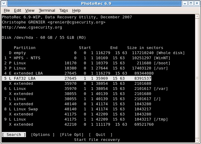 Choisissez une partition dans PhotoRec