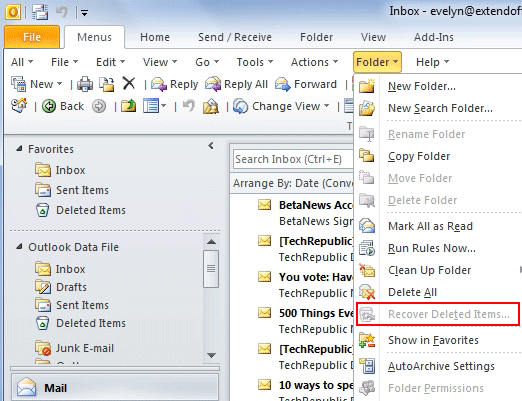 Récupérer les emails supprimés Outlook 2010