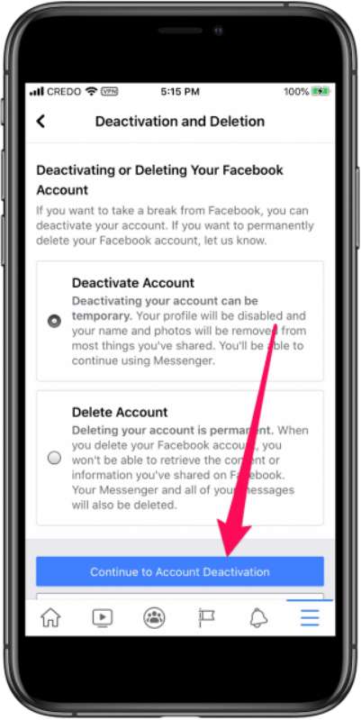 Choisissez Continuer vers la désactivation du compte après avoir désactivé le compte sur Facebook
