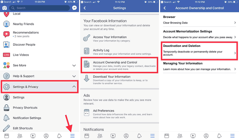 Choisissez Désactivation et suppression sous Propriété et contrôle du compte dans Facebook