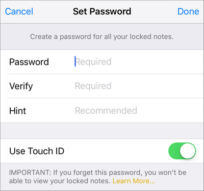 Définir le mot de passe des notes iOS 11