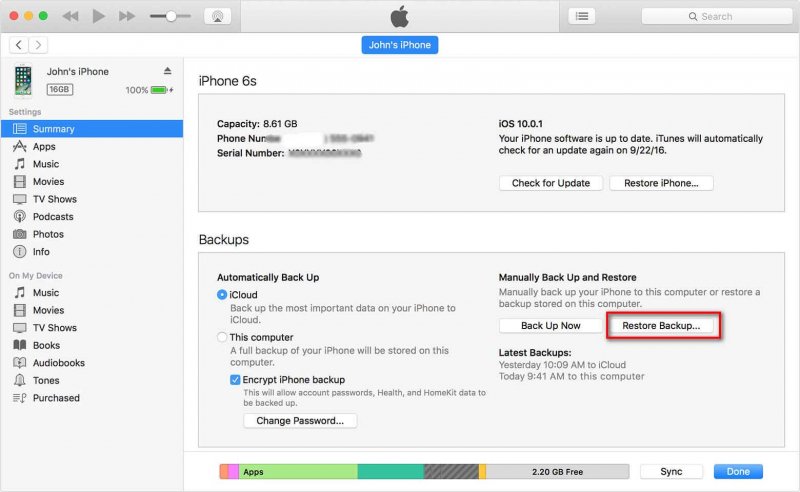 iTunes Restore Backup pour récupérer les conversations supprimées sur iPhone