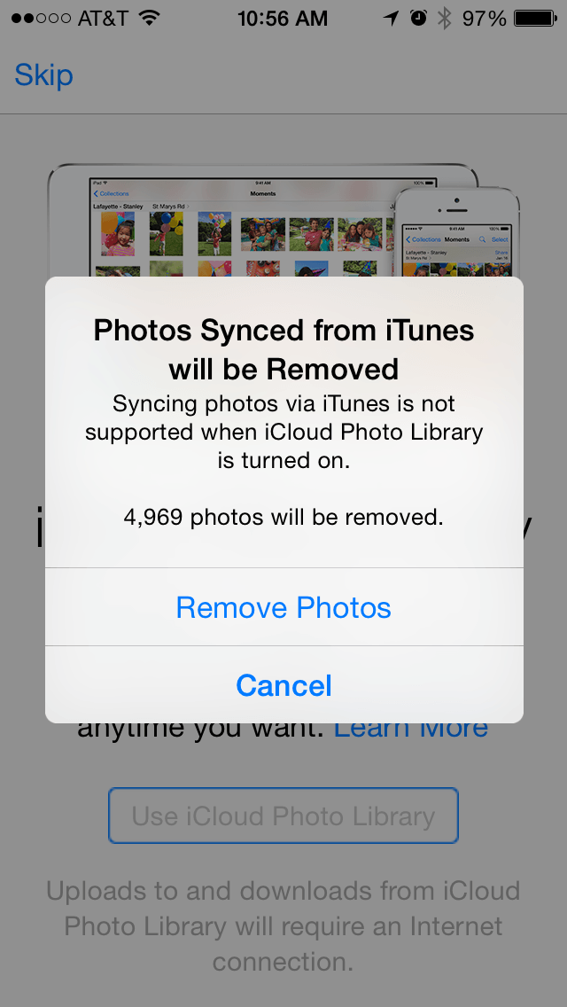 Les photos synchronisées depuis iTunes seront supprimées