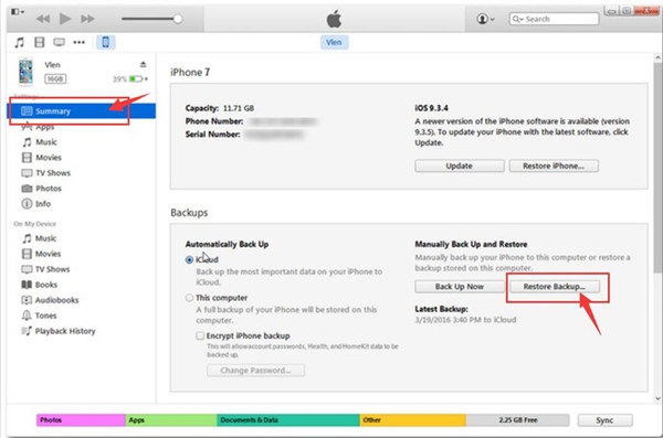 Récupérer des messages texte supprimés (iPhone 7) à l'aide d'iTunes
