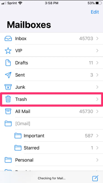 Récupérer les e-mails supprimés de la corbeille sur iPhone