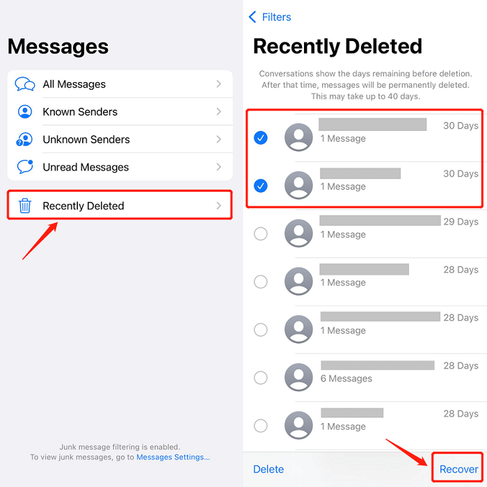 Lire les messages iPhone supprimés à l'aide du dossier récemment supprimé sur iPhone