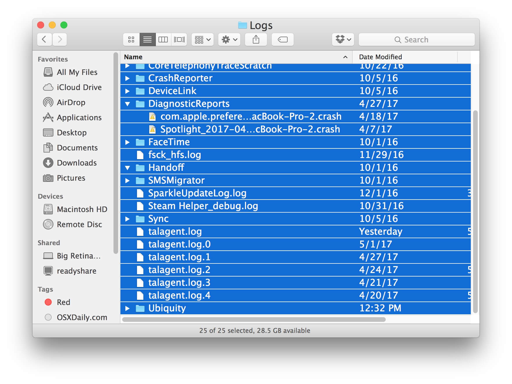 Sélectionnez tous les journaux et supprimez Mac
