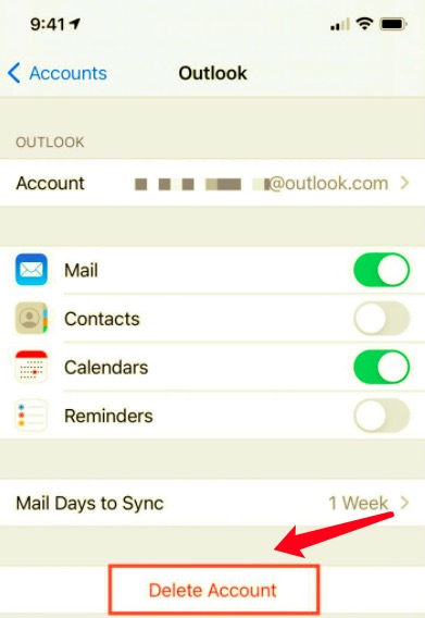 Supprimer le compte Outlook et le configurer à nouveau pour résoudre le problème Outlook ne fonctionne pas sur iPhone