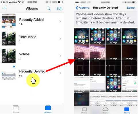 Corbeille sur iOS - Recherchez l'album récemment supprimé sur Photos