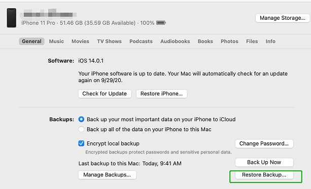 Utilisez iTunes Backup pour réparer les notes supprimées de l'iPhone par lui-même