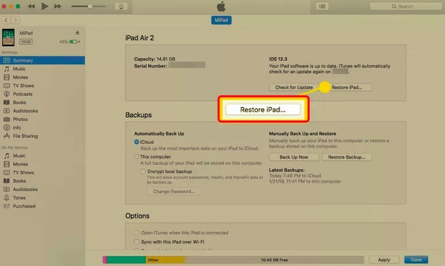 Réinitialiser l'iPad sans mot de passe iCloud via iTunes