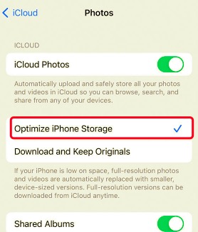 Supprimer des photos de l'iPhone, mais pas d'iCloud - Utilisez « Optimiser le stockage de l'iPhone »