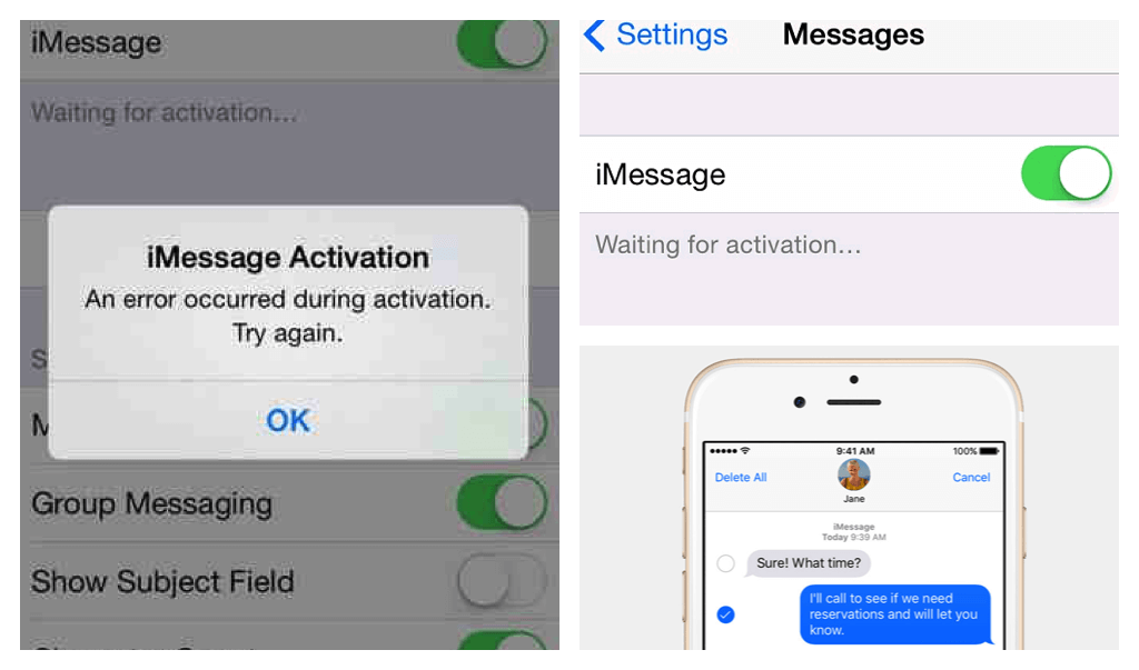 Erreur d'activation d'Imessages Waiting