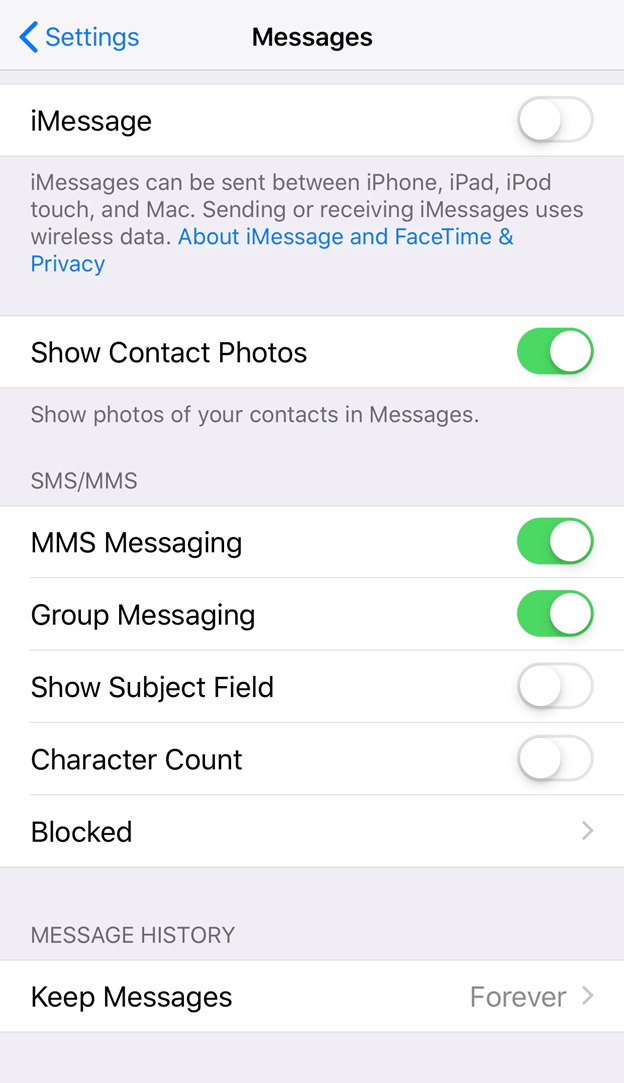 Vérifiez les paramètres de message pour réparer l'iPhone ne recevant pas de SMS d'Android