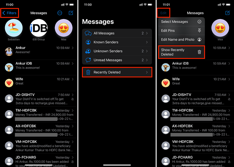 Afficher les messages supprimés sur iPhone à l'aide du dossier récemment supprimé