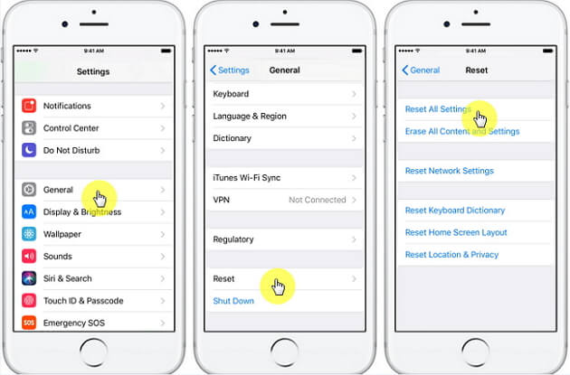 Réinitialiser tous les paramètres pour réparer l'iPhone prenant pour toujours à charger et à allumer