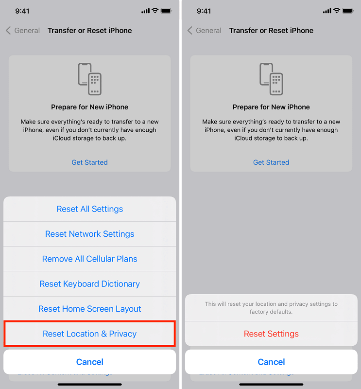 Réinitialiser l'emplacement et la confidentialité lorsque le dossier iPhone DCIM vide ne s'affiche pas sur l'ordinateur