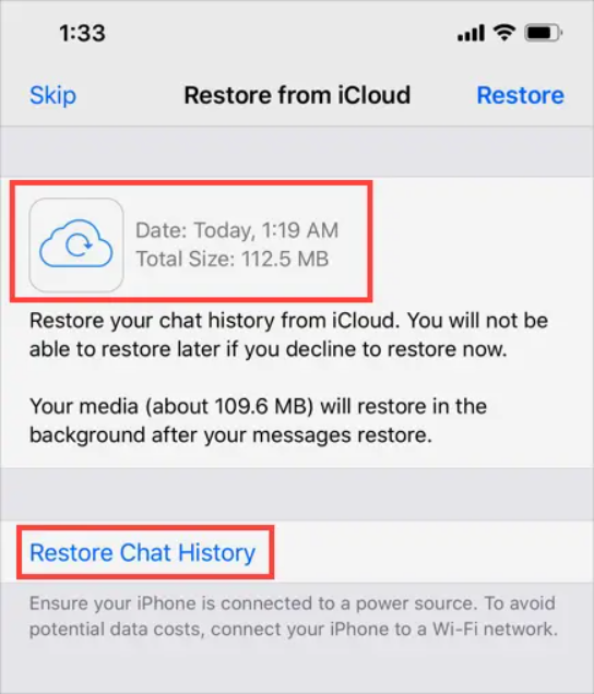Restaurer WhatsApp à partir de la sauvegarde iCloud