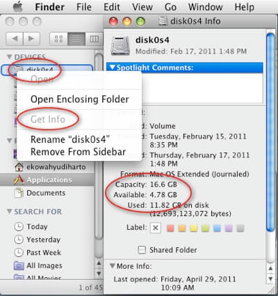 Vérifier l'espace disque disponible Mac Os Finder