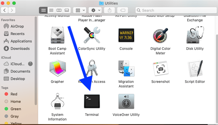 Lancer le terminal dans les utilitaires sur Mac
