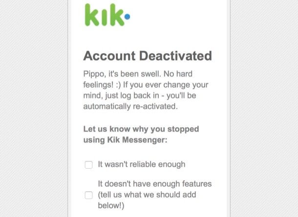 Supprimer le compte Kik