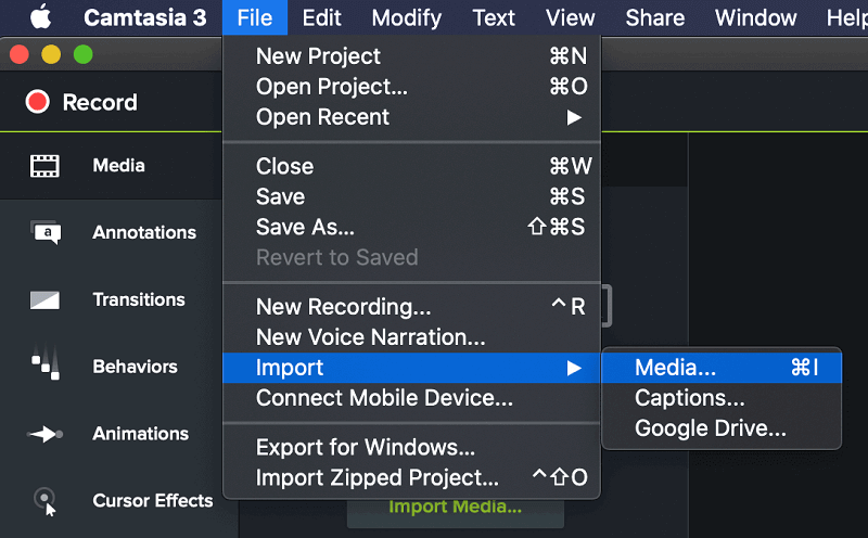 Cliquez sur Fichier et Importer puis sur Média dans Camtasia