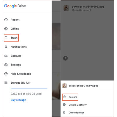 Voir les photos récemment supprimées à l'aide de la corbeille sur Google Drive