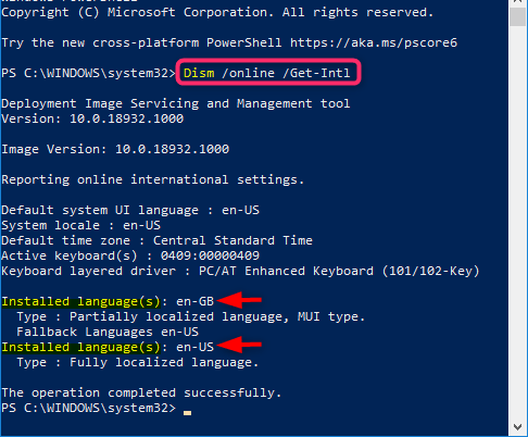 Pour changer la langue d'affichage dans Windows 10 via PowerShell