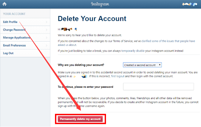Suppression d'un compte Instagram à l'aide du moteur de navigateur Web