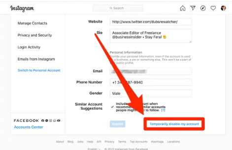 Désactivation du compte Instagram