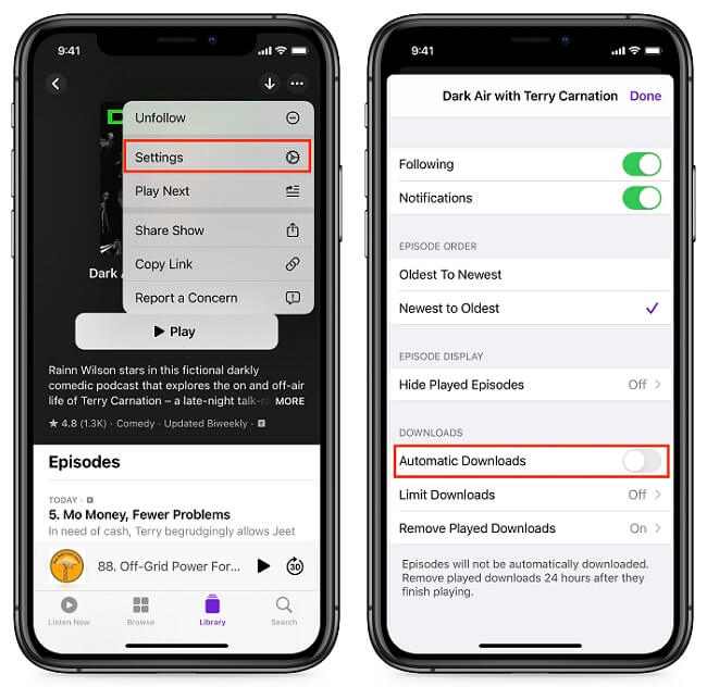 Désactiver les téléchargements automatiques pour une seule émission de podcast depuis l'iPhone