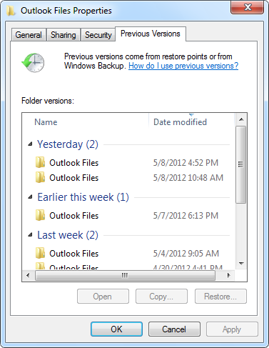 Restaurer la version précédente pour récupérer les fichiers PST supprimés dans Outlook