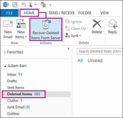 Dossier des éléments supprimés pour récupérer les fichiers PST supprimés dans Outlook